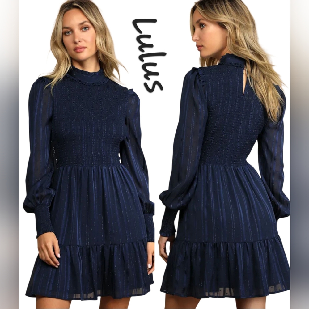 Lulus Heart Romance Navy Striped Smocked Long Sleeve Fairycore Mini Dress Sz M